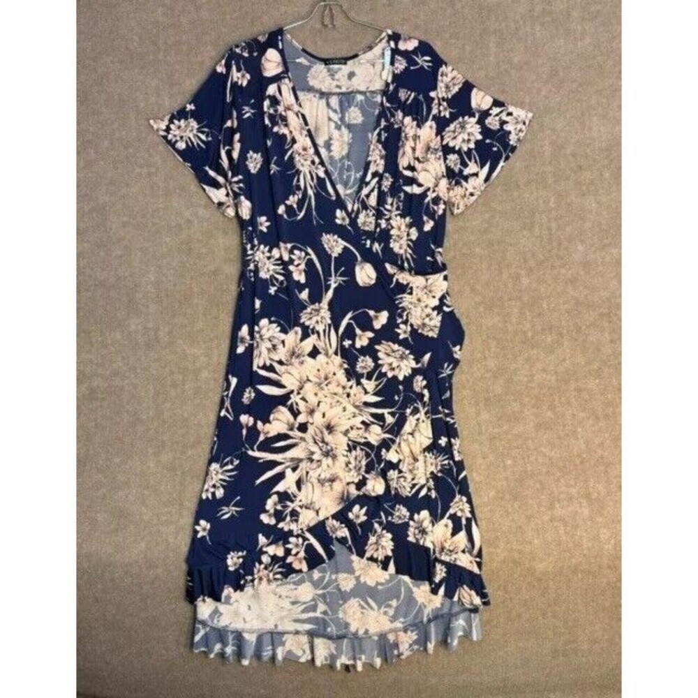 Venus 1x Navy Pink Floral Wrap Dress Hi-Low Feminine Flirty